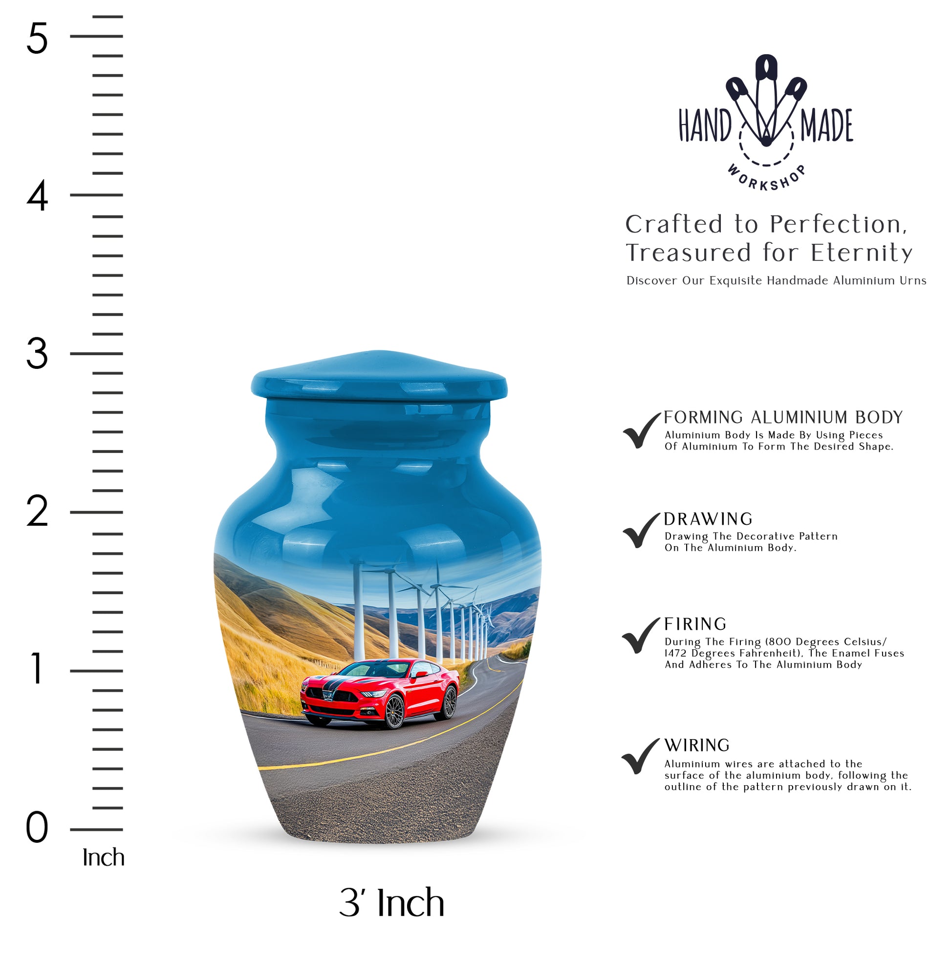 Slate Blue Car Cremation Urn close-up of engraving and surface detail - timeless car motif etched into premium metal - mini keepsake memorial for portion of cremation ashes