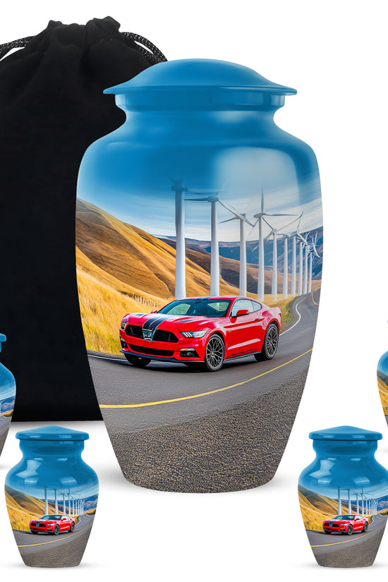 Powder Blue Car Cremation Urn top-down view of secure threaded lid - classic sculpted car pattern on smooth aluminum - memorial set with one large and four small urns