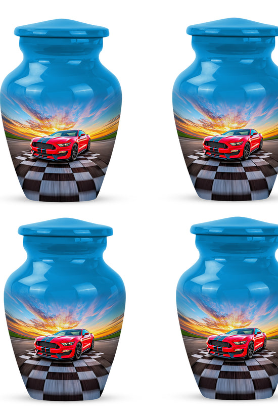 Pastel Blue Car Cremation Urn side profile showing urn shape - classic sculpted car pattern on smooth aluminum - 10 inch aluminum urn for cremated remains