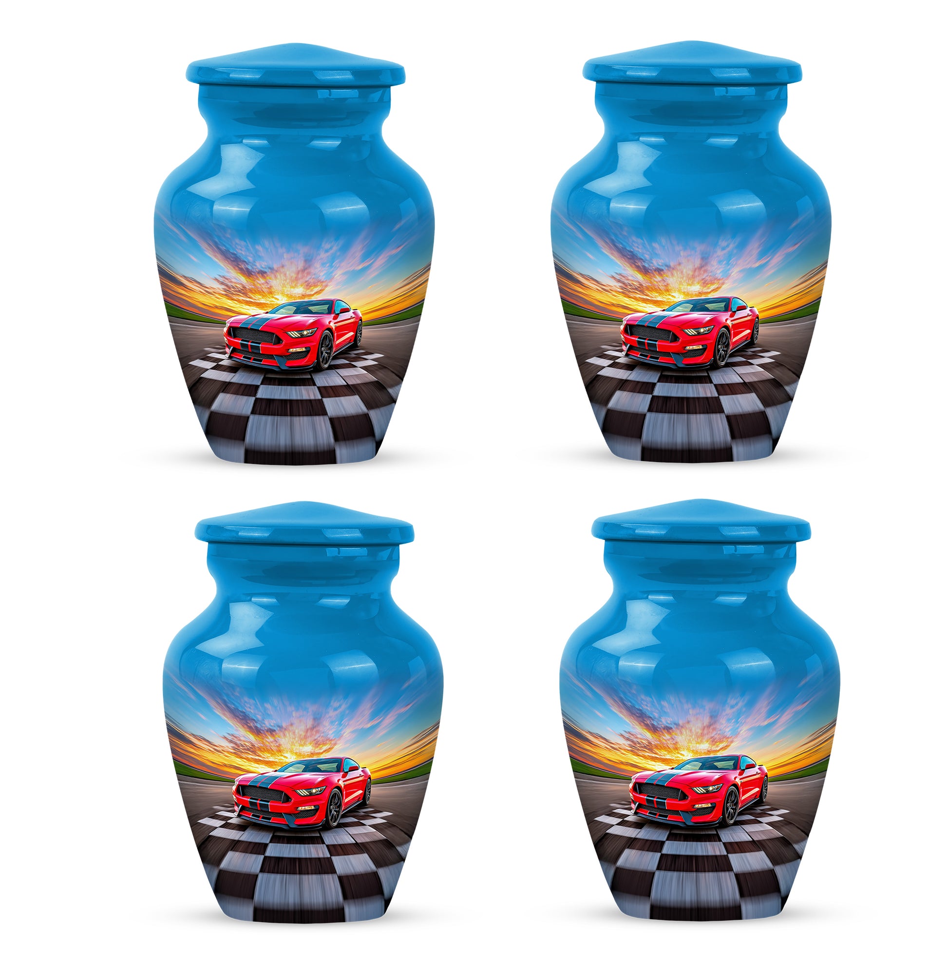 Pastel Blue Car Cremation Urn side profile showing urn shape - classic sculpted car pattern on smooth aluminum - 10 inch aluminum urn for cremated remains
