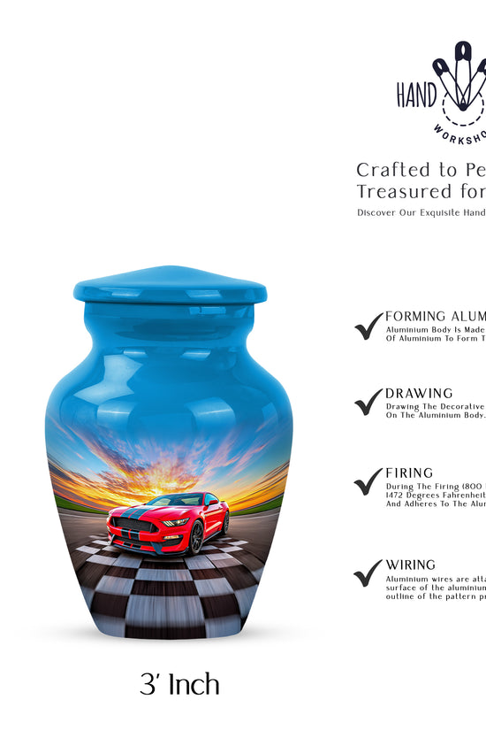 Soft Blue Car Cremation Urn close-up of engraving and surface detail - traditional car engraving with hand-polished finish - mini keepsake memorial for portion of cremation ashes