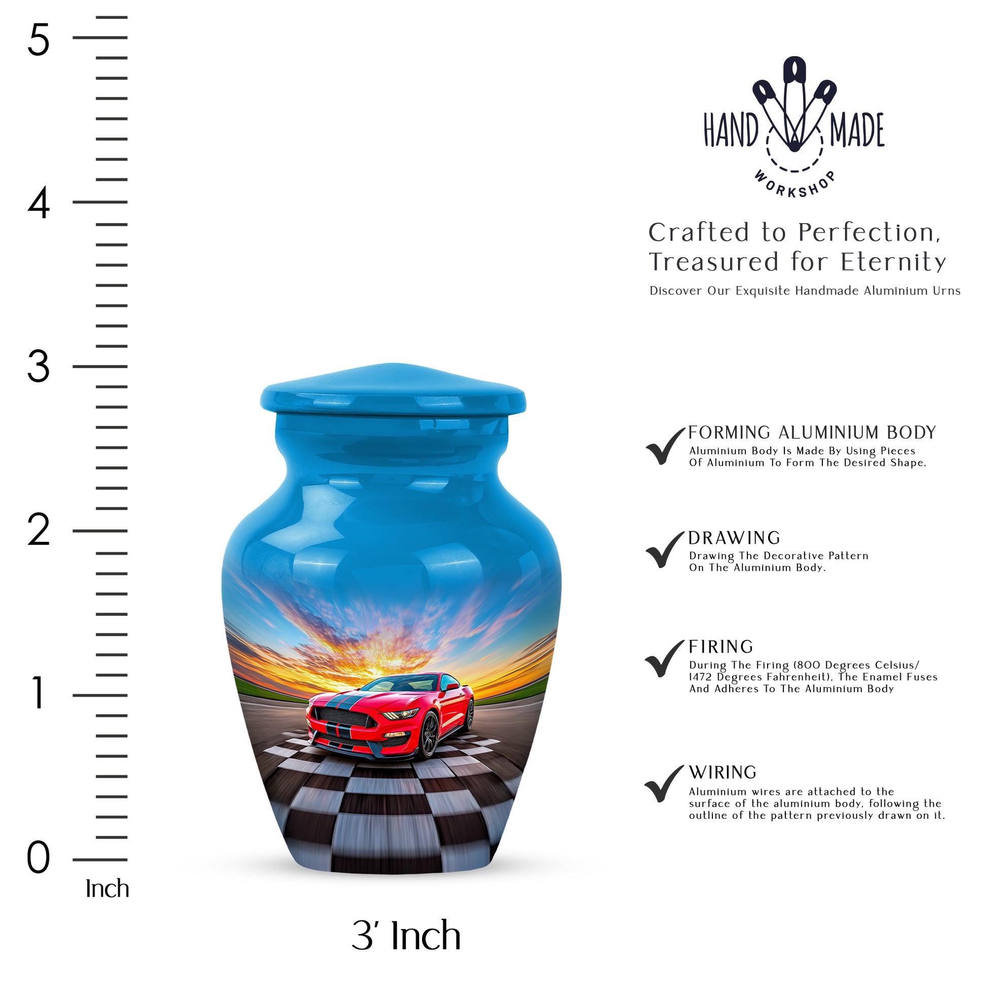 Soft Blue Car Cremation Urn close-up of engraving and surface detail - traditional car engraving with hand-polished finish - mini keepsake memorial for portion of cremation ashes