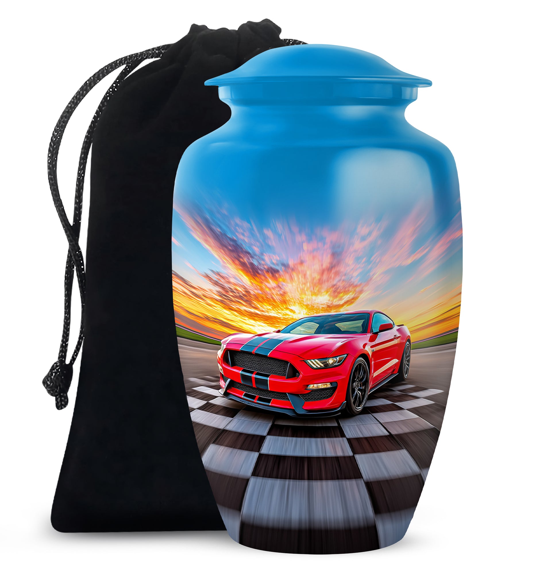 Cobalt Blue Car Cremation Urn angled view of lid and engraved motif - elegant classic car relief with fine detailing - full-size 10 inch 200 cubic inch adult cremation urn