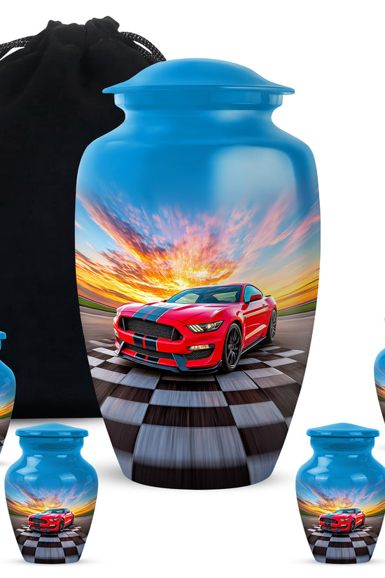 Celestial Blue Car Cremation Urn top-down view of secure threaded lid - classic sculpted car pattern on smooth aluminum - memorial set with one large and four small urns
