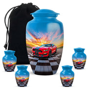 Celestial Blue Car Cremation Urn top-down view of secure threaded lid - classic sculpted car pattern on smooth aluminum - memorial set with one large and four small urns