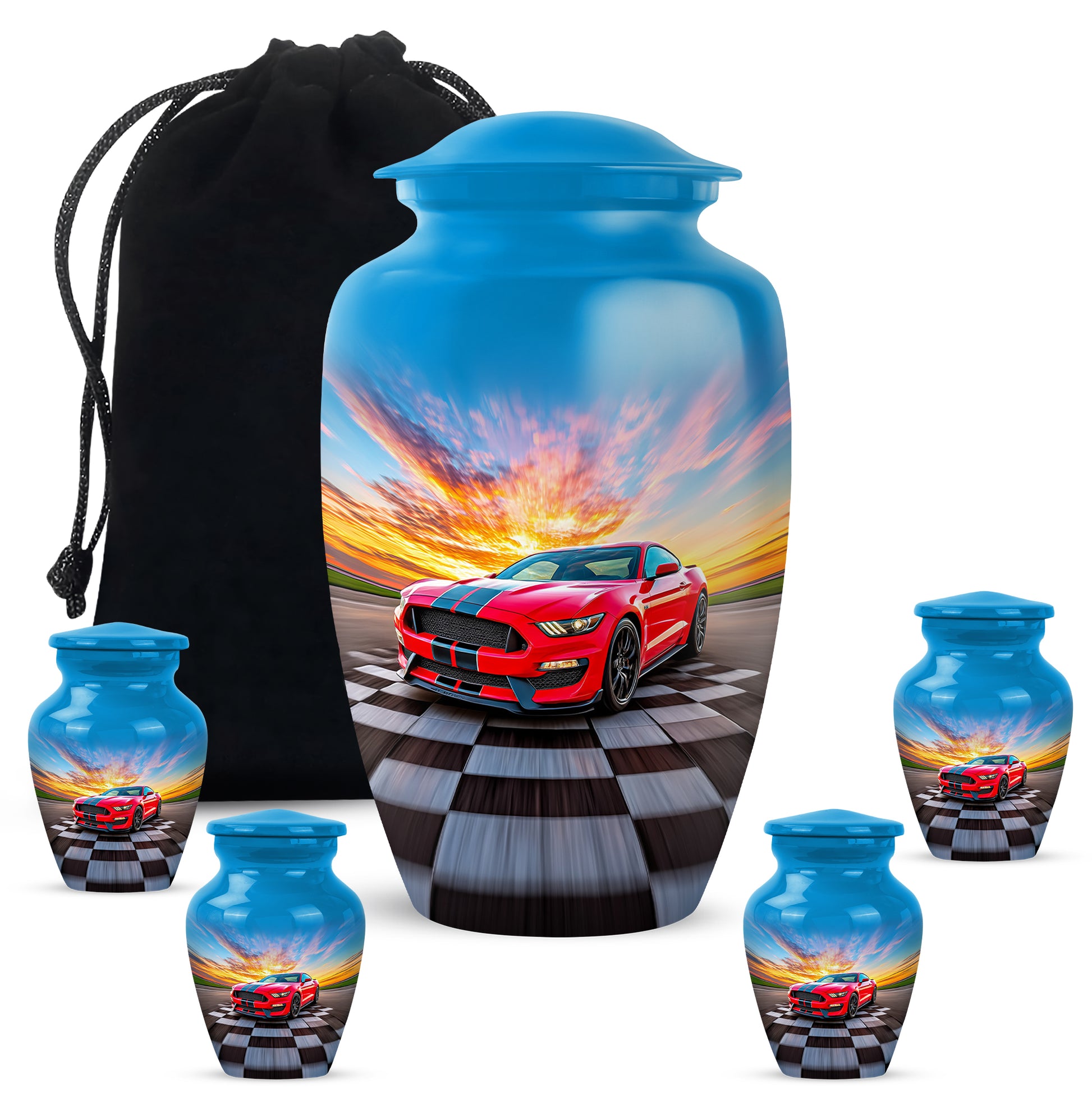 Celestial Blue Car Cremation Urn top-down view of secure threaded lid - classic sculpted car pattern on smooth aluminum - memorial set with one large and four small urns