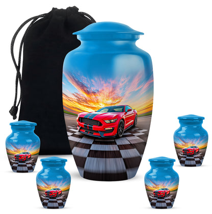 Celestial Blue Car Cremation Urn top-down view of secure threaded lid - classic sculpted car pattern on smooth aluminum - memorial set with one large and four small urns