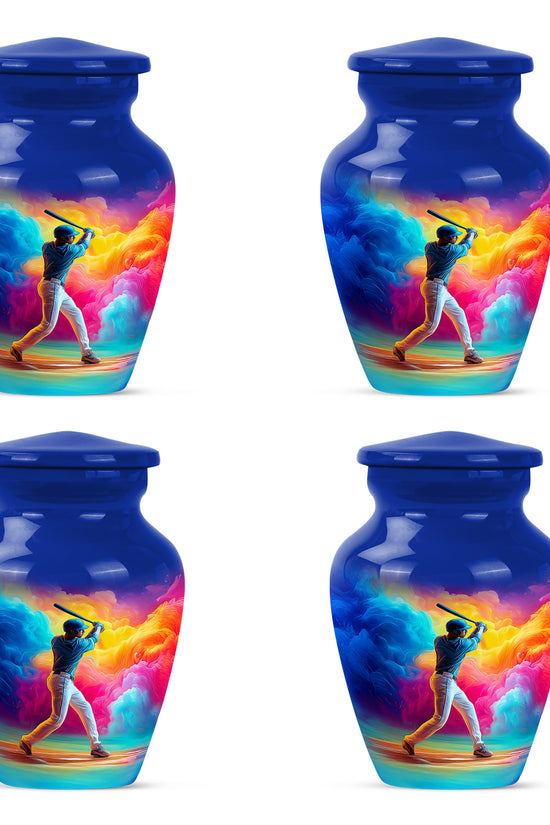 Indigo Baseball Cremation Urn side profile showing urn shape - classic sculpted baseball pattern on smooth aluminum - 10 inch aluminum urn for cremated remains