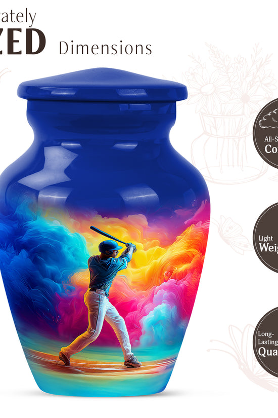 Sapphire Blue Baseball Cremation Urn close-up of engraving and surface detail - elegant classic baseball relief with fine detailing - mini keepsake memorial for portion of cremation ashes
