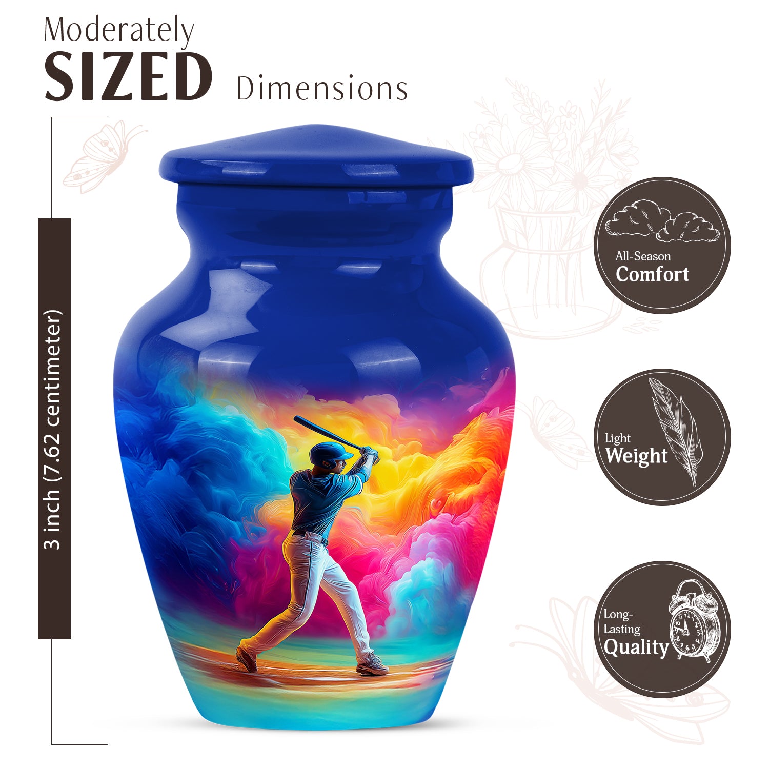 Sapphire Blue Baseball Cremation Urn close-up of engraving and surface detail - elegant classic baseball relief with fine detailing - mini keepsake memorial for portion of cremation ashes