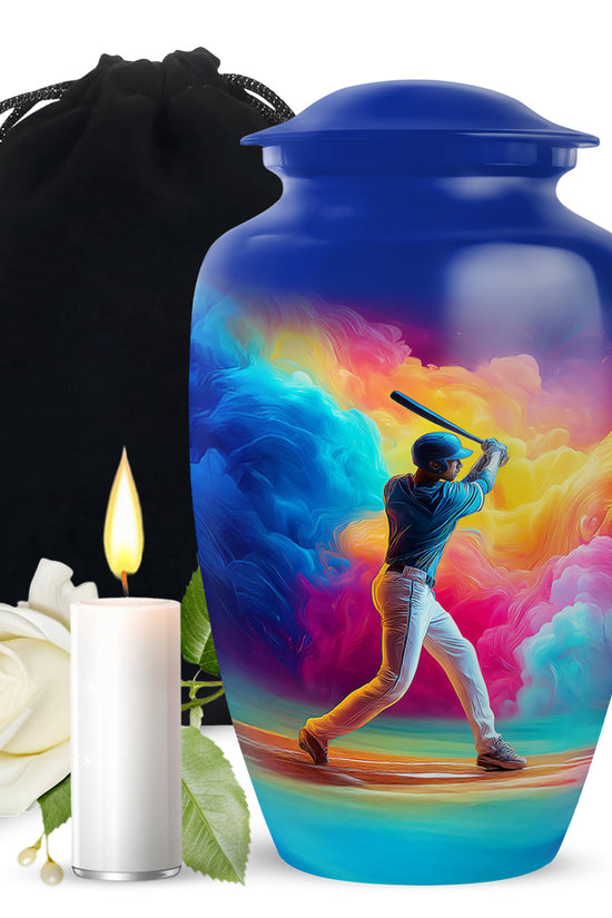 Dusty Blue Baseball Cremation Urn angled view of lid and engraved motif - classic sculpted baseball pattern on smooth aluminum - full-size 10 inch 200 cubic inch adult cremation urn