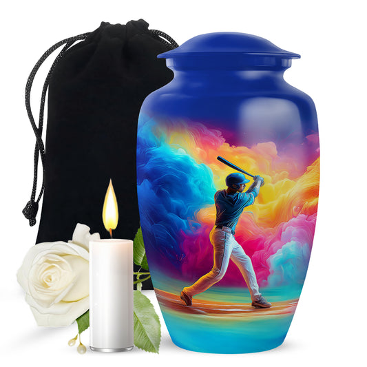Dusty Blue Baseball Cremation Urn angled view of lid and engraved motif - classic sculpted baseball pattern on smooth aluminum - full-size 10 inch 200 cubic inch adult cremation urn