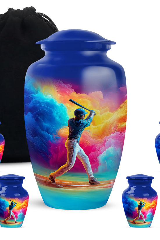 Slate Blue Baseball Cremation Urn top-down view of secure threaded lid - classic sculpted baseball pattern on smooth aluminum - memorial set with one large and four small urns