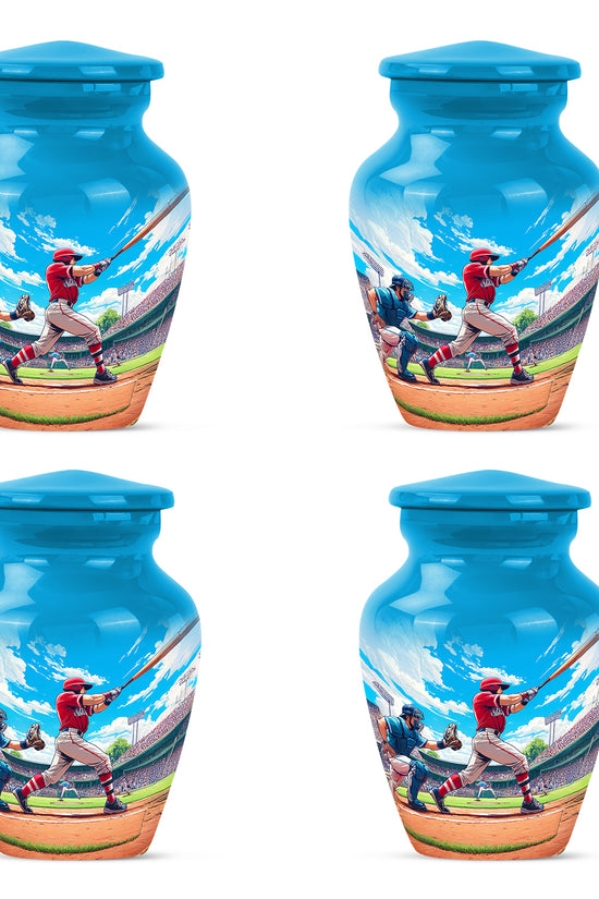Powder Blue Baseball Cremation Urn side profile showing urn shape - timeless baseball motif etched into premium metal - 10 inch aluminum urn for cremated remains