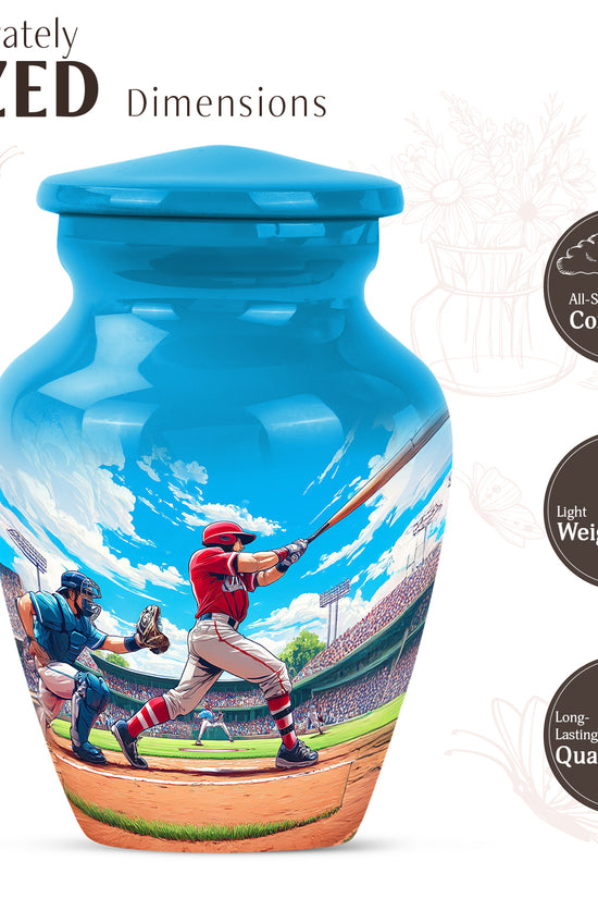 Soft Blue Baseball Cremation Urn close-up of engraving and surface detail - traditional baseball engraving with hand-polished finish - mini keepsake memorial for portion of cremation ashes