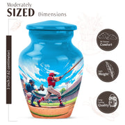 Soft Blue Baseball Cremation Urn close-up of engraving and surface detail - traditional baseball engraving with hand-polished finish - mini keepsake memorial for portion of cremation ashes