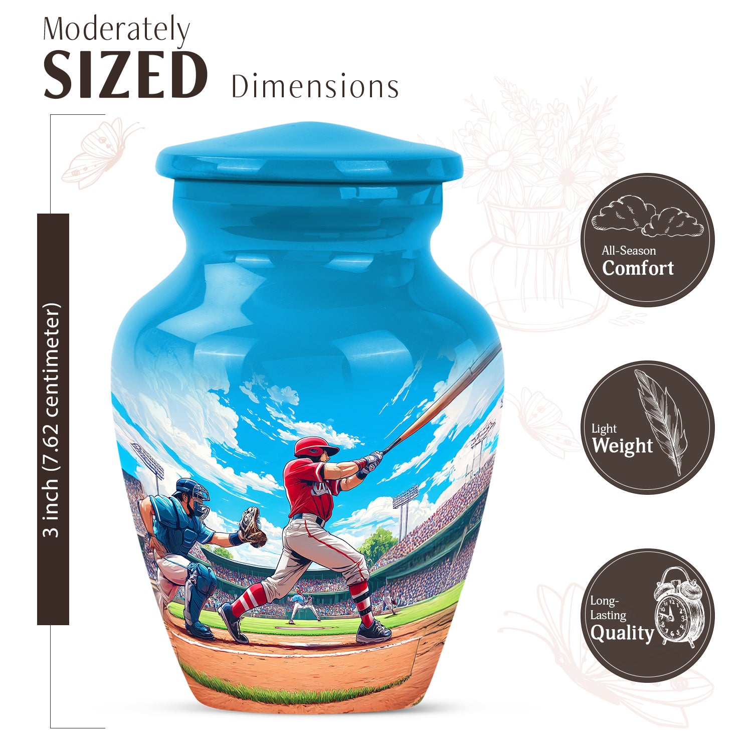 Soft Blue Baseball Cremation Urn close-up of engraving and surface detail - traditional baseball engraving with hand-polished finish - mini keepsake memorial for portion of cremation ashes