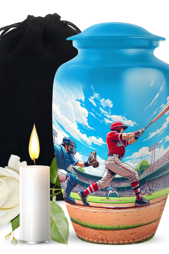 Slate Blue Baseball Cremation Urn angled view of lid and engraved motif - timeless baseball motif etched into premium metal - full-size 10 inch 200 cubic inch adult cremation urn