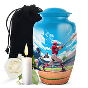 Slate Blue Baseball Cremation Urn angled view of lid and engraved motif - timeless baseball motif etched into premium metal - full-size 10 inch 200 cubic inch adult cremation urn