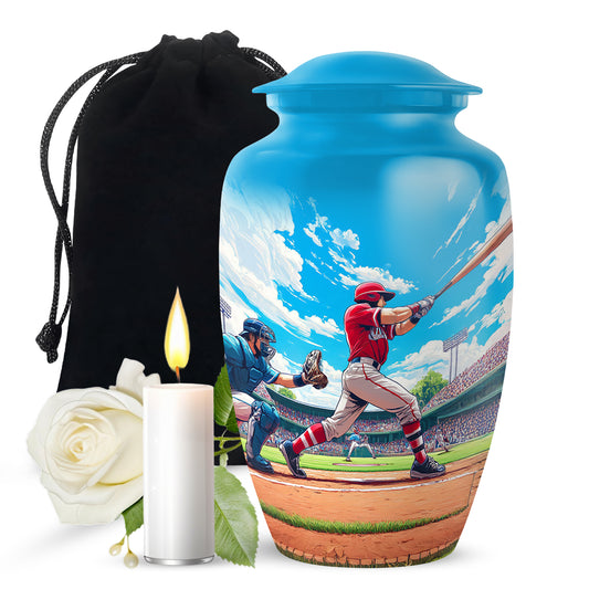 Slate Blue Baseball Cremation Urn angled view of lid and engraved motif - timeless baseball motif etched into premium metal - full-size 10 inch 200 cubic inch adult cremation urn