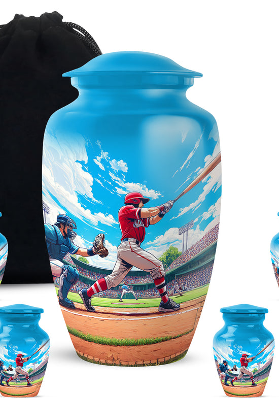 Cobalt Blue Baseball Cremation Urn top-down view of secure threaded lid - elegant classic baseball relief with fine detailing - memorial set with one large and four small urns