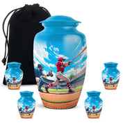Cobalt Blue Baseball Cremation Urn top-down view of secure threaded lid - elegant classic baseball relief with fine detailing - memorial set with one large and four small urns