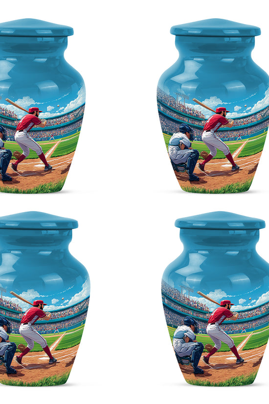 Powder Blue Baseball Cremation Urn side profile showing urn shape - classic sculpted baseball pattern on smooth aluminum - 10 inch aluminum urn for cremated remains