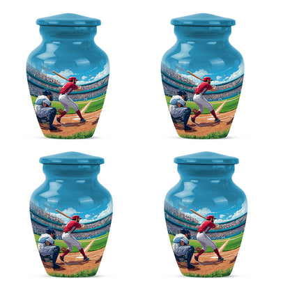 Powder Blue Baseball Cremation Urn side profile showing urn shape - classic sculpted baseball pattern on smooth aluminum - 10 inch aluminum urn for cremated remains
