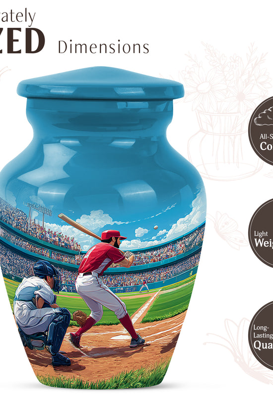 Pastel Blue Baseball Cremation Urn close-up of engraving and surface detail - classic sculpted baseball pattern on smooth aluminum - mini keepsake memorial for portion of cremation ashes