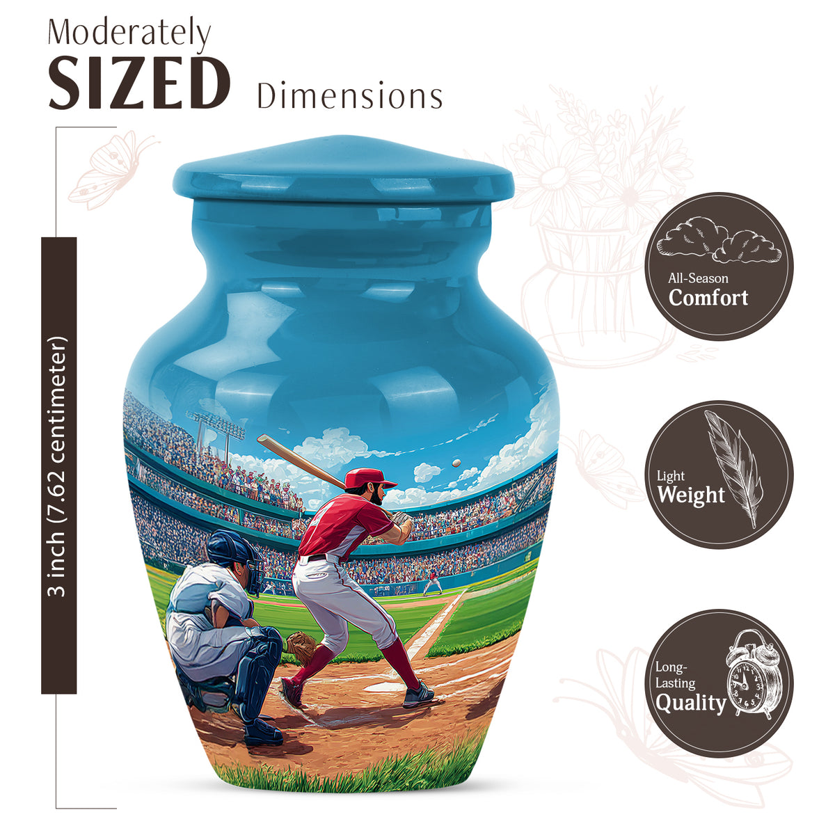 Pastel Blue Baseball Cremation Urn close-up of engraving and surface detail - classic sculpted baseball pattern on smooth aluminum - mini keepsake memorial for portion of cremation ashes