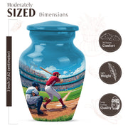 Pastel Blue Baseball Cremation Urn close-up of engraving and surface detail - classic sculpted baseball pattern on smooth aluminum - mini keepsake memorial for portion of cremation ashes