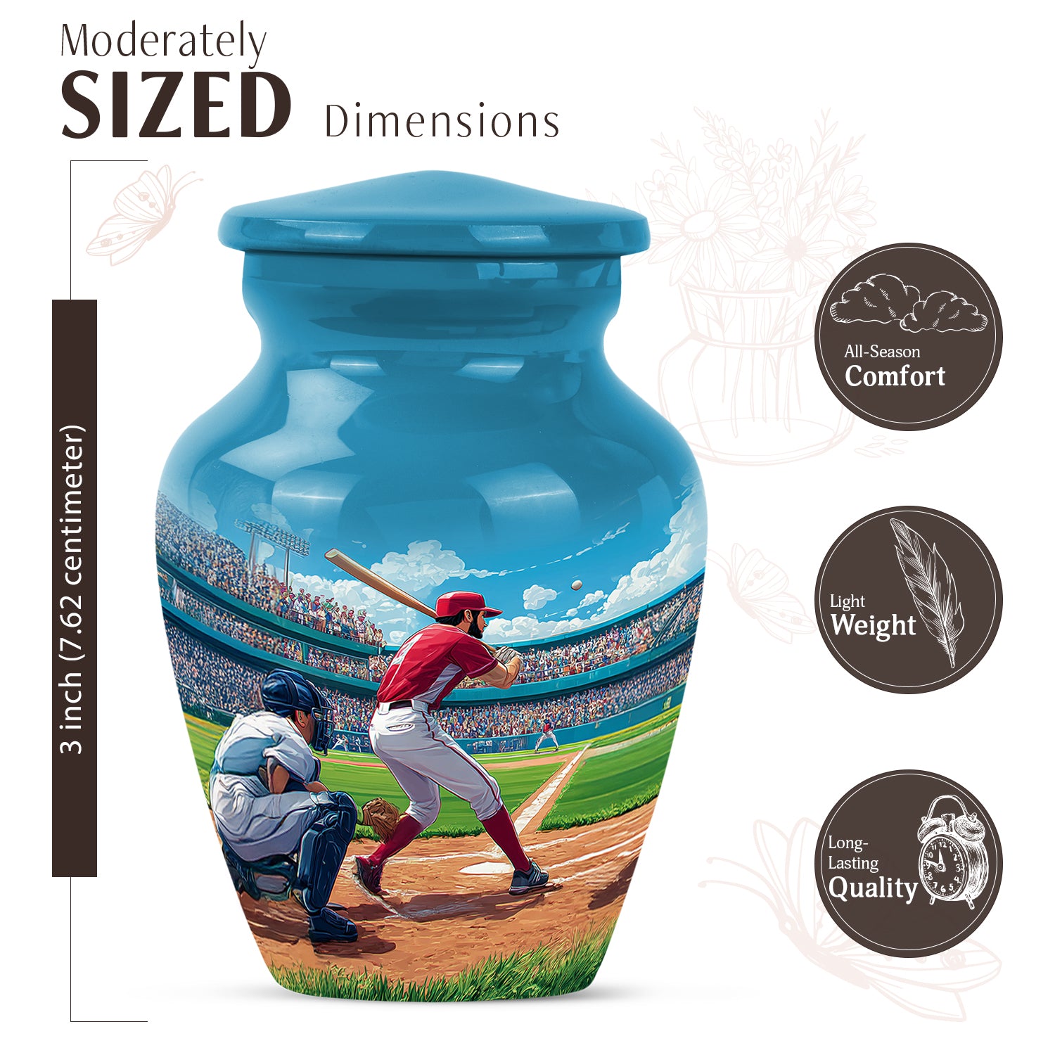 Pastel Blue Baseball Cremation Urn close-up of engraving and surface detail - classic sculpted baseball pattern on smooth aluminum - mini keepsake memorial for portion of cremation ashes