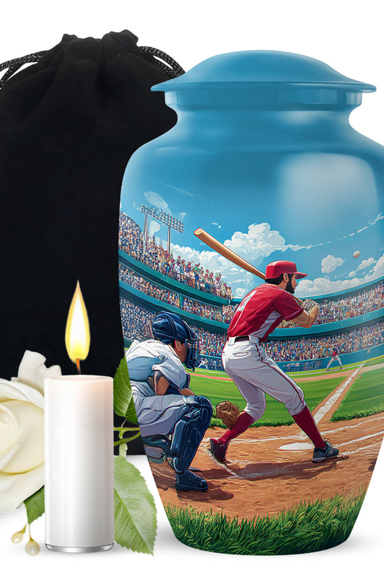 Soft Blue Baseball Cremation Urn angled view of lid and engraved motif - traditional baseball engraving with hand-polished finish - full-size 10 inch 200 cubic inch adult cremation urn
