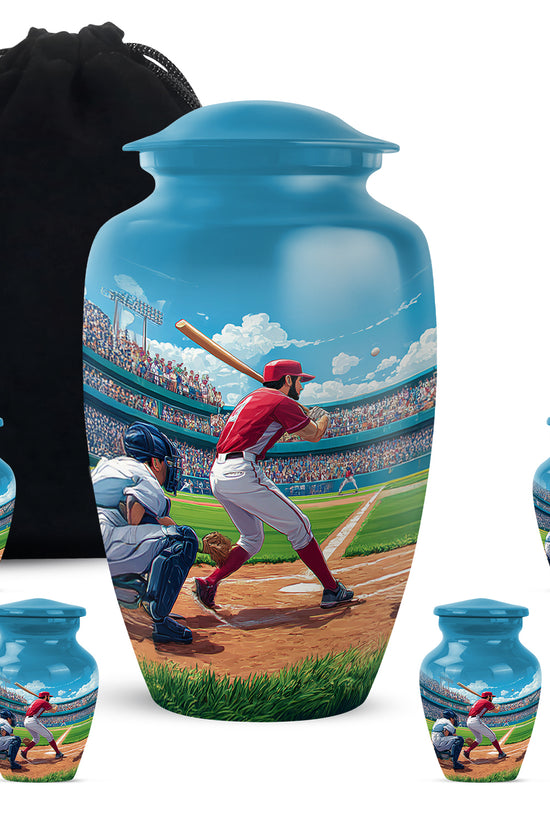 Icy Blue Baseball Cremation Urn top-down view of secure threaded lid - classic sculpted baseball pattern on smooth aluminum - memorial set with one large and four small urns