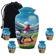 Icy Blue Baseball Cremation Urn top-down view of secure threaded lid - classic sculpted baseball pattern on smooth aluminum - memorial set with one large and four small urns