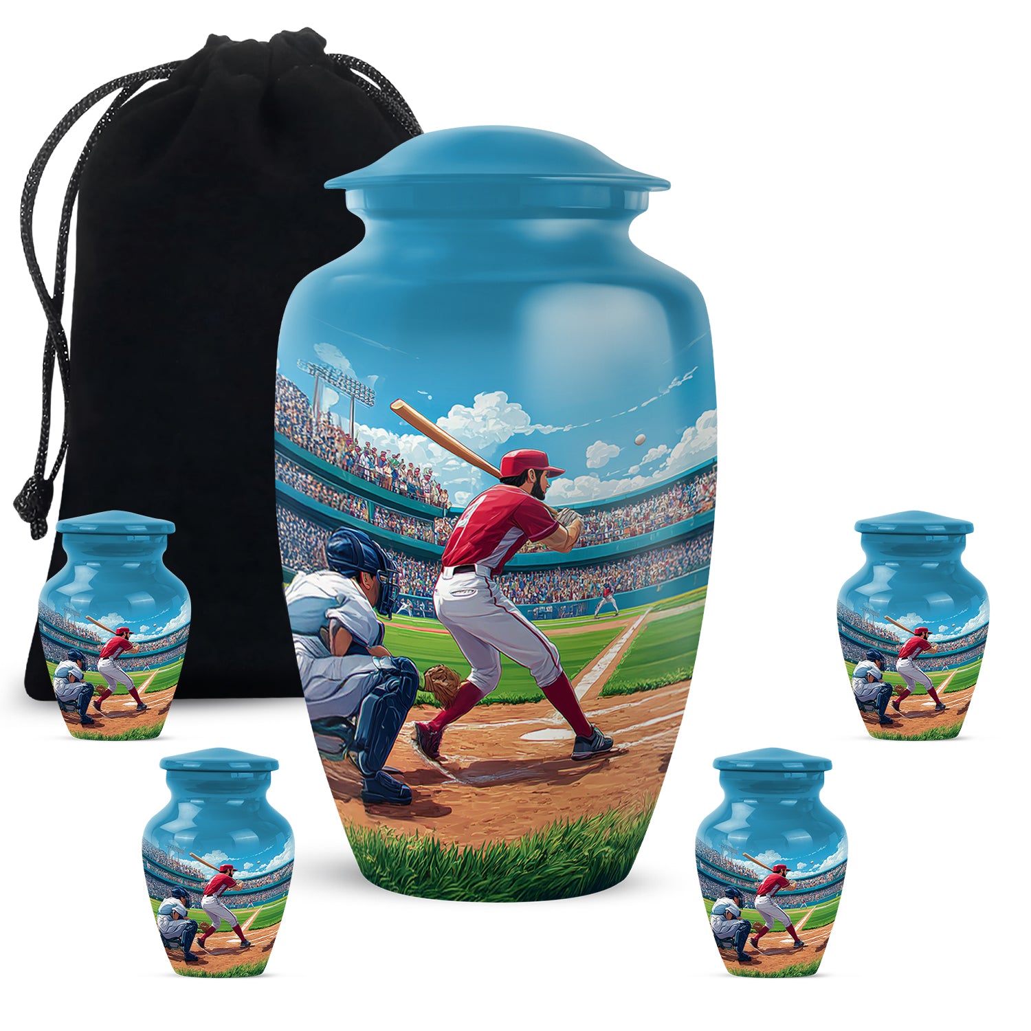 Icy Blue Baseball Cremation Urn top-down view of secure threaded lid - classic sculpted baseball pattern on smooth aluminum - memorial set with one large and four small urns