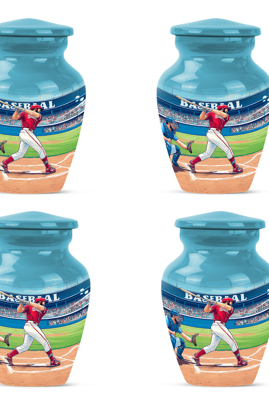 Soft Teal Baseball Cremation Urn side profile showing urn shape - timeless baseball motif etched into premium metal - 10 inch aluminum urn for cremated remains