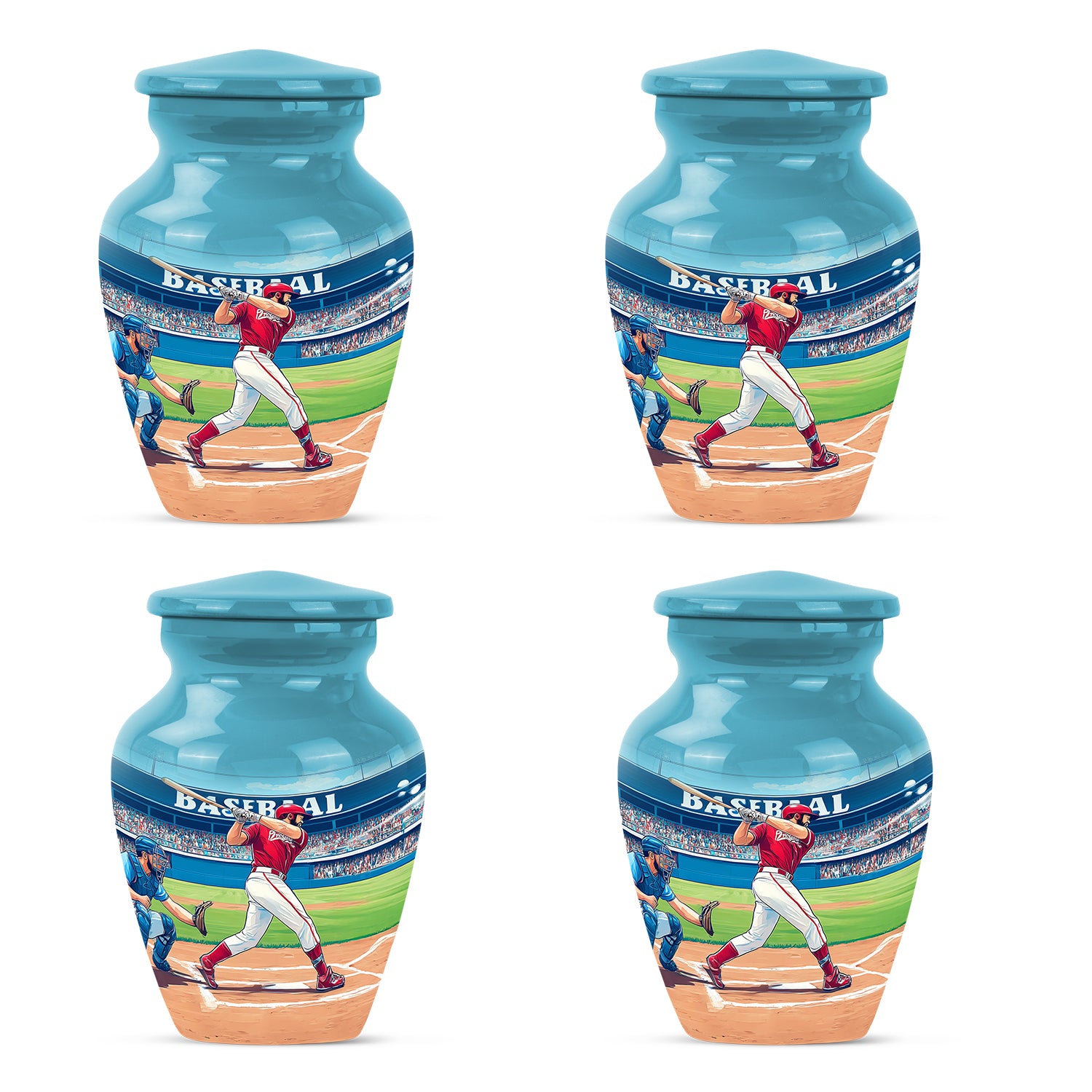 Soft Teal Baseball Cremation Urn side profile showing urn shape - timeless baseball motif etched into premium metal - 10 inch aluminum urn for cremated remains