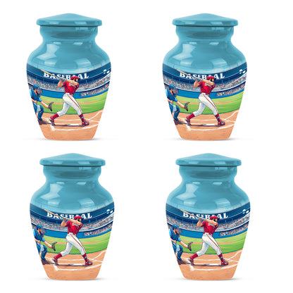 Soft Teal Baseball Cremation Urn side profile showing urn shape - timeless baseball motif etched into premium metal - 10 inch aluminum urn for cremated remains