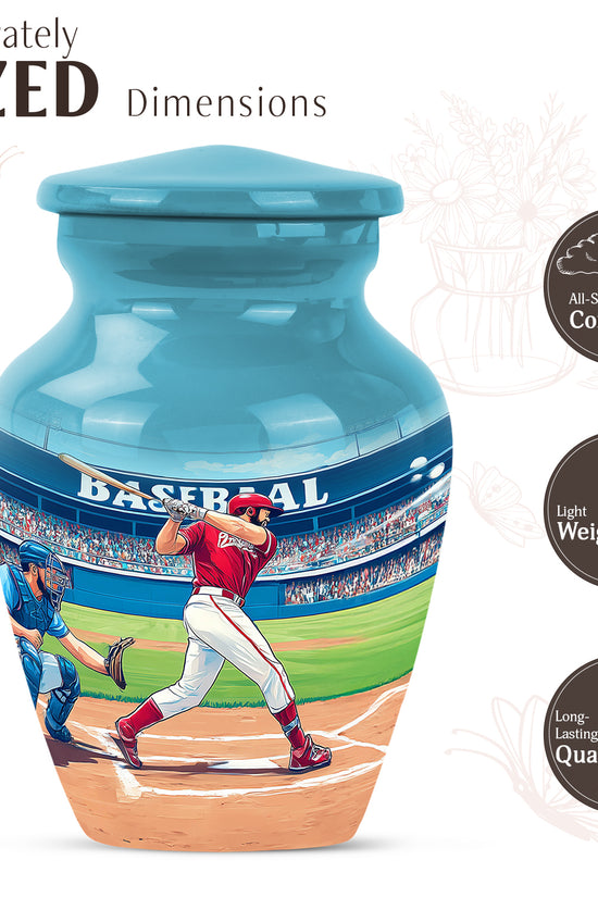 Jewel Teal Baseball Cremation Urn close-up of engraving and surface detail - timeless baseball motif etched into premium metal - mini keepsake memorial for portion of cremation ashes