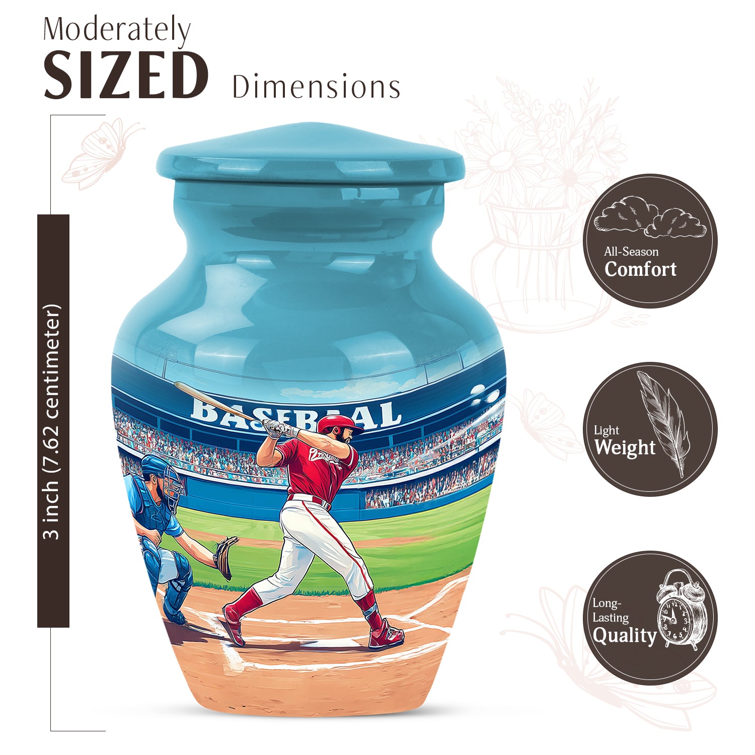 Jewel Teal Baseball Cremation Urn close-up of engraving and surface detail - timeless baseball motif etched into premium metal - mini keepsake memorial for portion of cremation ashes