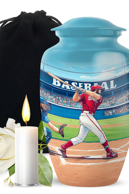 Vivid Teal Baseball Cremation Urn angled view of lid and engraved motif - traditional baseball engraving with hand-polished finish - full-size 10 inch 200 cubic inch adult cremation urn