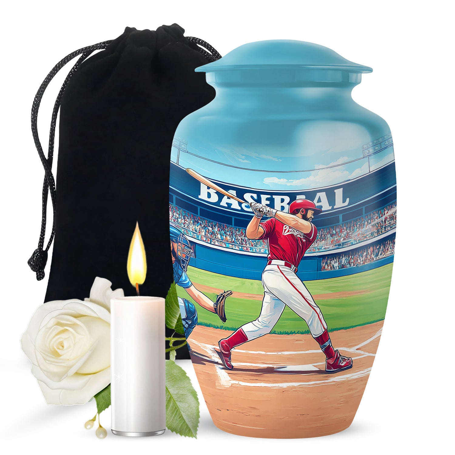 Vivid Teal Baseball Cremation Urn angled view of lid and engraved motif - traditional baseball engraving with hand-polished finish - full-size 10 inch 200 cubic inch adult cremation urn