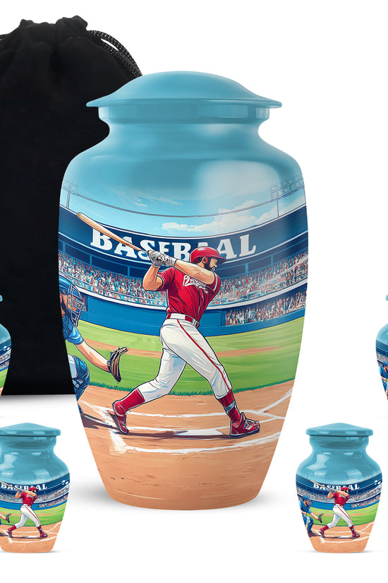 Soft Teal Baseball Cremation Urn top-down view of secure threaded lid - timeless baseball motif etched into premium metal - memorial set with one large and four small urns