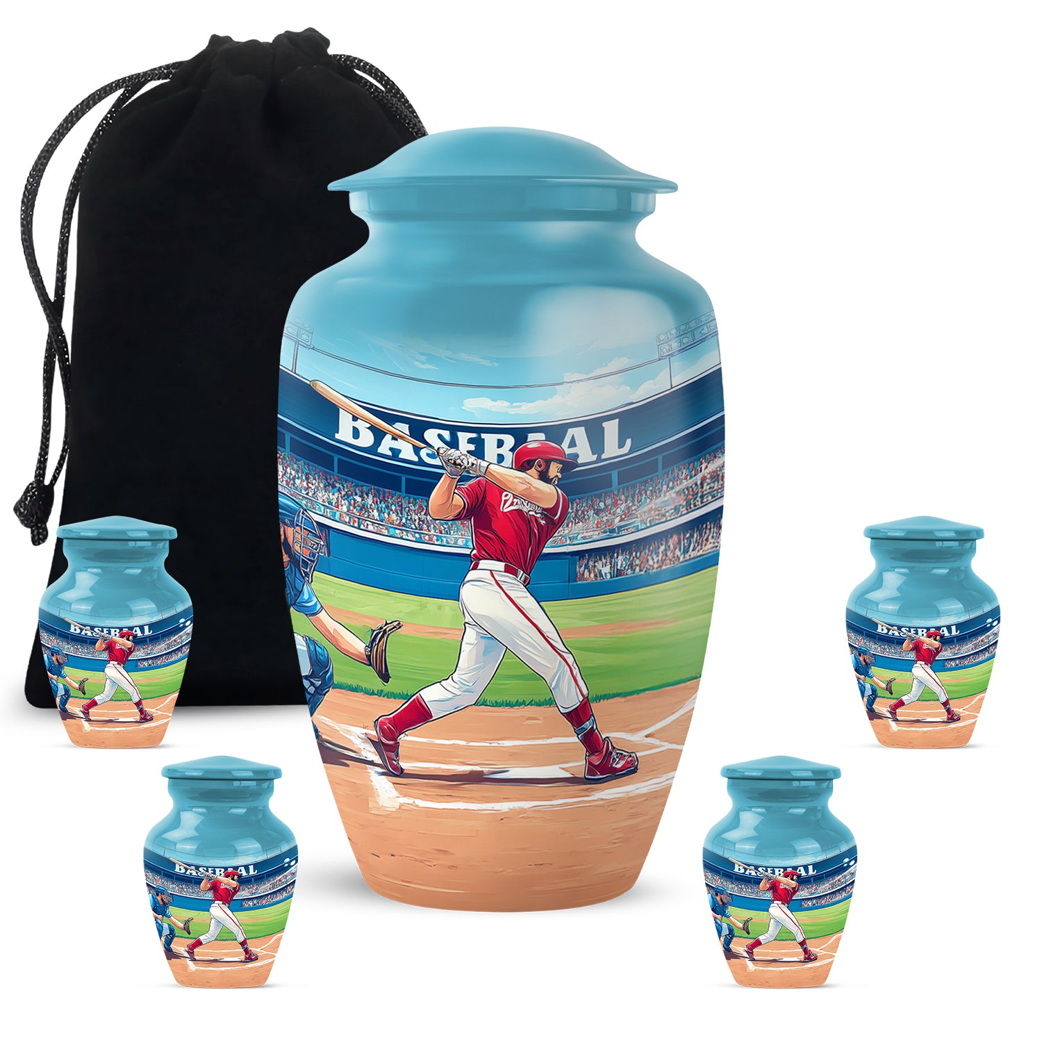 Soft Teal Baseball Cremation Urn top-down view of secure threaded lid - timeless baseball motif etched into premium metal - memorial set with one large and four small urns