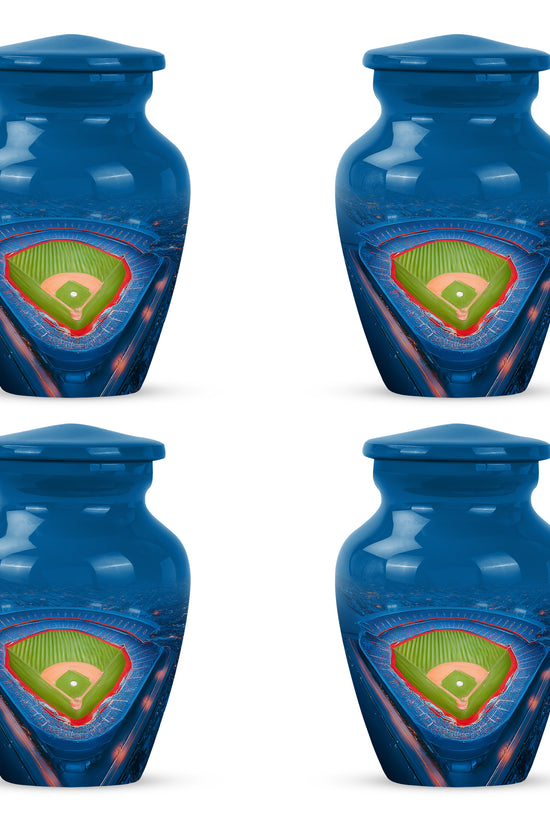 Navy Blue Baseball Cremation Urn side profile showing urn shape - timeless baseball motif etched into premium metal - 10 inch aluminum urn for cremated remains