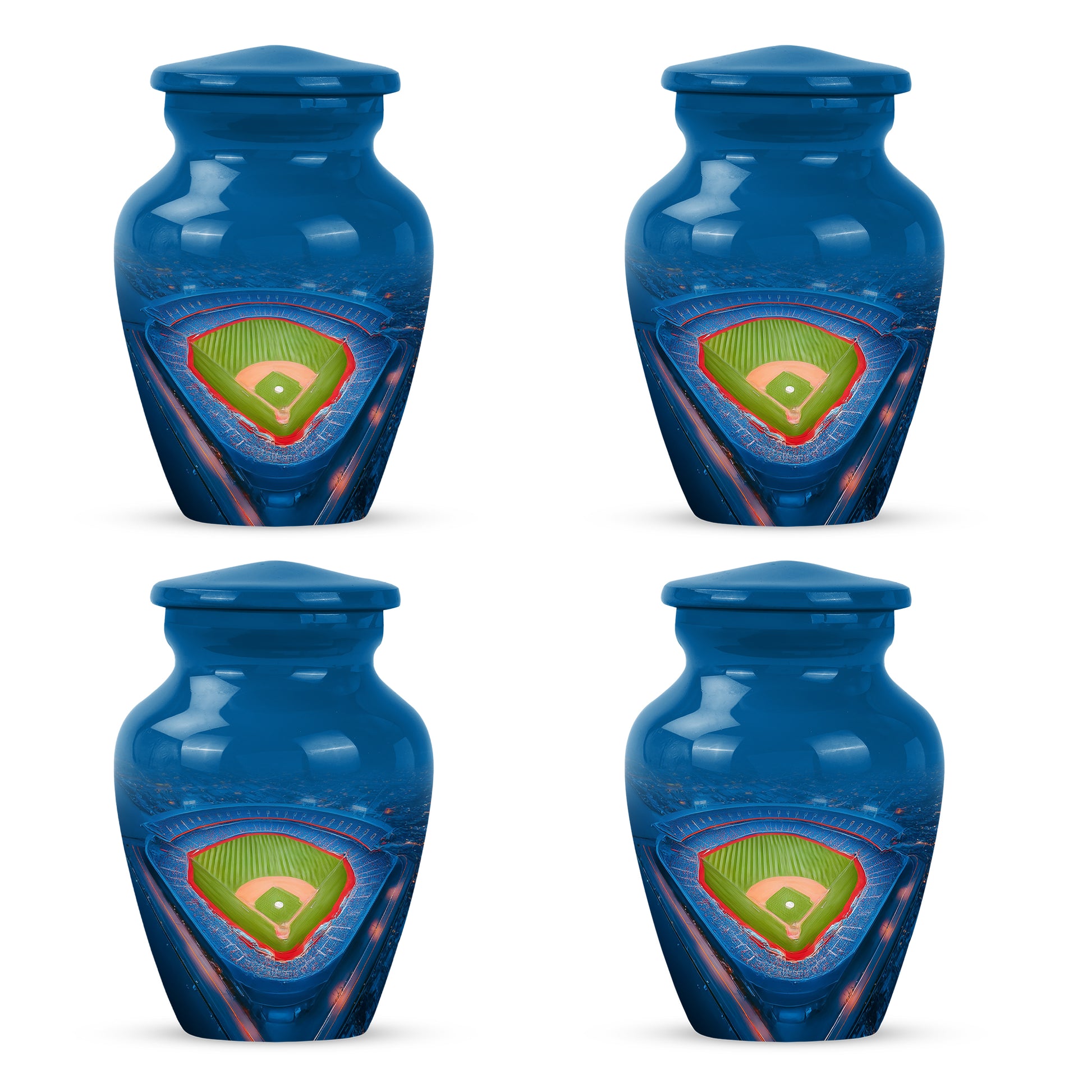 Navy Blue Baseball Cremation Urn side profile showing urn shape - timeless baseball motif etched into premium metal - 10 inch aluminum urn for cremated remains