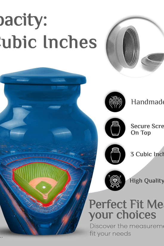 Powder Blue Baseball Cremation Urn close-up of engraving and surface detail - timeless baseball motif etched into premium metal - mini keepsake memorial for portion of cremation ashes