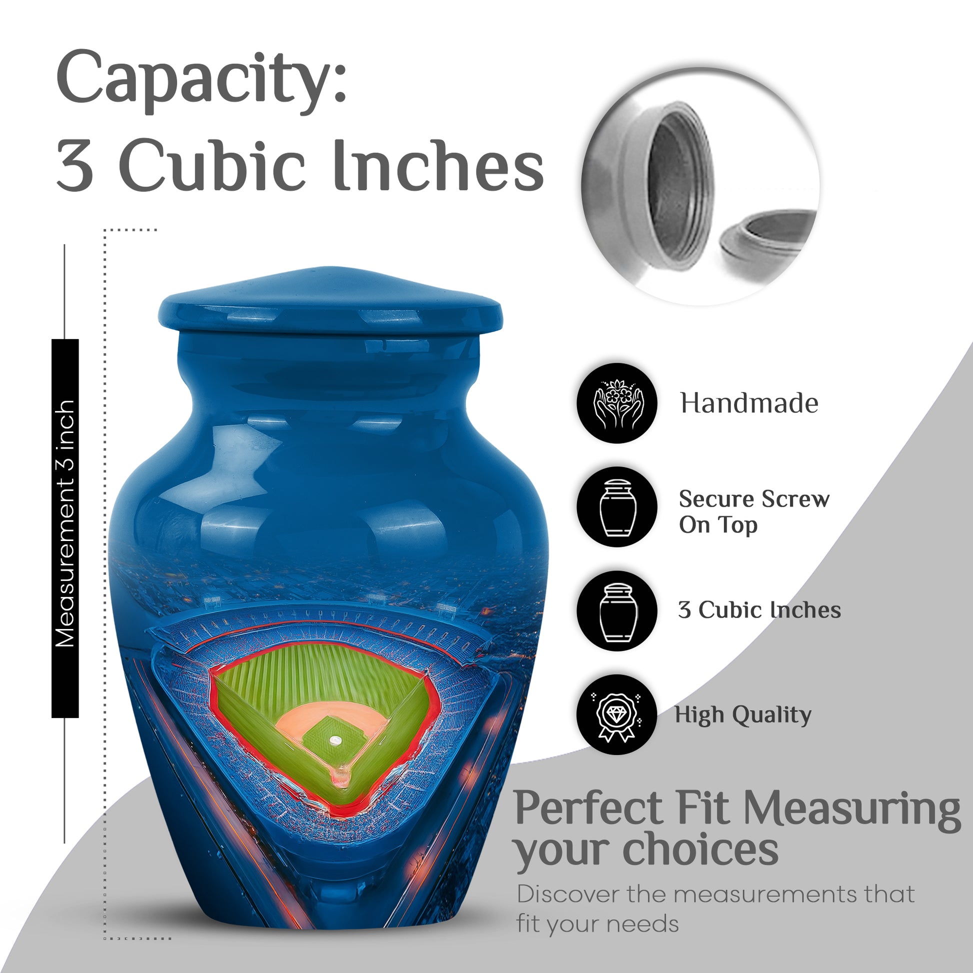 Powder Blue Baseball Cremation Urn close-up of engraving and surface detail - timeless baseball motif etched into premium metal - mini keepsake memorial for portion of cremation ashes