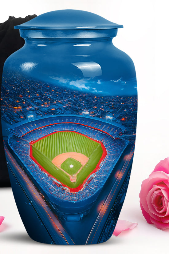 Indigo Baseball Cremation Urn angled view of lid and engraved motif - classic sculpted baseball pattern on smooth aluminum - full-size 10 inch 200 cubic inch adult cremation urn